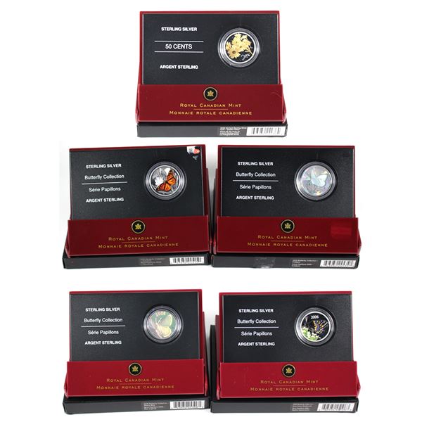 Lot of 5x 2005 & 2006 Canada 50-Cents Sterling Silver Flower and Butterflies Coins. Includes 2005 Gr