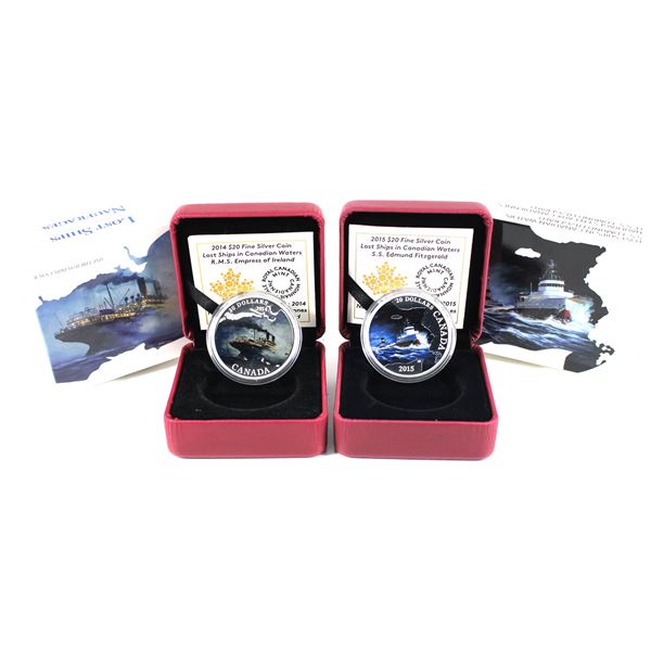 Lot of 2x 2014 & 2015 $20 Lost Ships in Canadian Waters Fine Silver Coins. Includes 2014 RMS Empress
