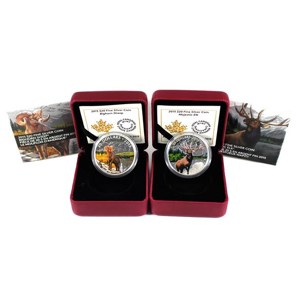 Lot of 2x 2015 Canada $20 Large Game Fine Silver Coins. Includes Majestic Elk and Bighorn Sheep. Coi