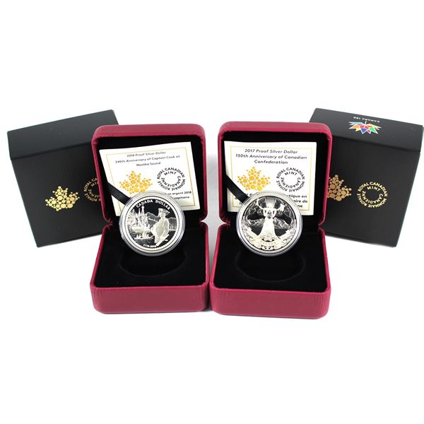 Lot of 2x 2017 & 2018 Canada Proof Silver Dollars. Includes 2017 150th Anniversary of Canadian Confe