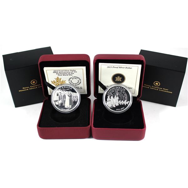 Lot of 2x 2013 & 2014 Canada Proof Silver Dollars. Includes 2013 Arctic Expedition and 2014 100th An
