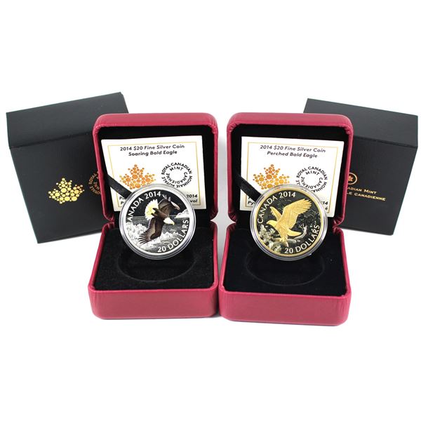 Lot of 2x 2014 Canada $20 Bald Eagle Fine Silver Coins. Includes Perched Bald Eagle and Soaring Bald
