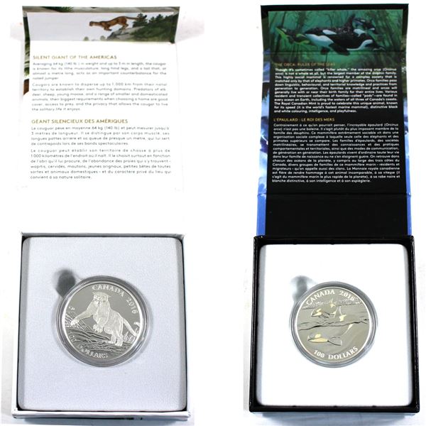 Lot of 2x 2016 Canada $100 for $100 Fine Silver Coins. Includes Orca and Cougar. Coin toned but it w