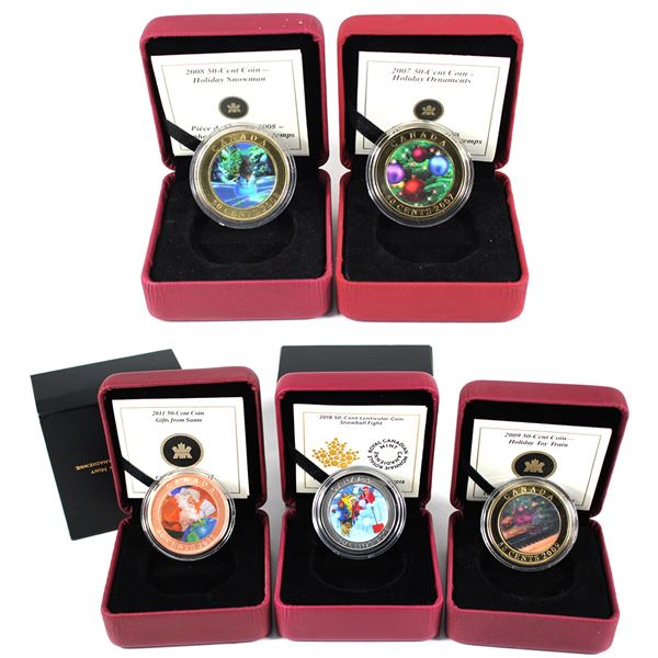 Lot of 5x 2007-2018 Canada 50-Cents Lenticular Holiday Coins. Includes 2007 Holiday Ornaments, 2008 