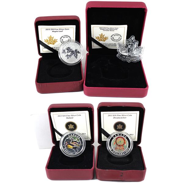 Lot of 4x 2013-2016 Canada $10 Fine Silver Coins. Includes 2013 Mallard, 2013 Dreamcatcher, 2015 Map
