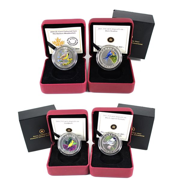 Lot of 4x 2010-2014 Canada 25-Cents Cupronickel Bird Coins. Includes 2010 Goldfinch, 2011 Barn Swall