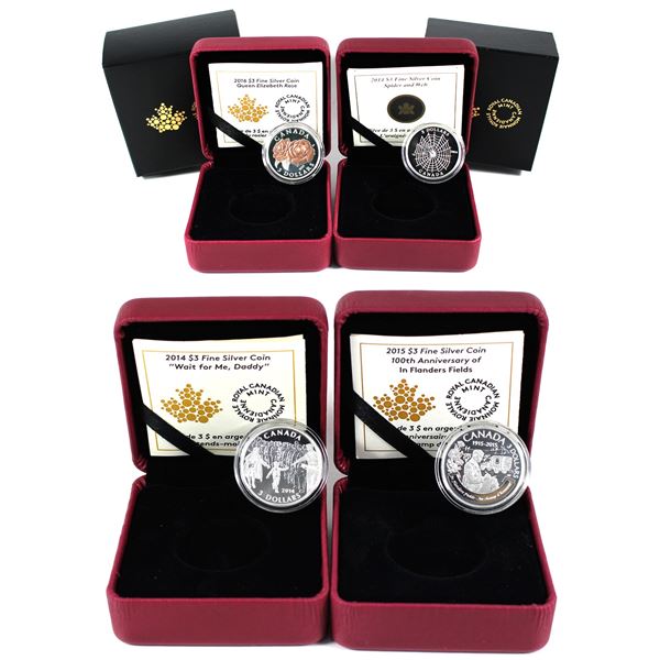 Lot of 4x 2014-2016 Canada $3 Fine Silver Coins. Includes 2014 "Wait for Me, Daddy", 2014 Spider and