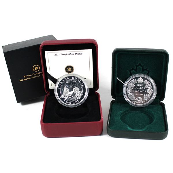 Lot of 2x 2001 & 2011 Canada Proof Silver Dollars. Includes 1911-2001 Sterling Silver Special Editio