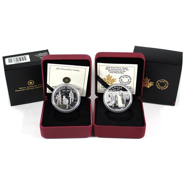 Lot of 2x 2012 & 2014 Canada Proof Silver Dollars. Includes War of 1812 Bicentennial, and 100th Anni