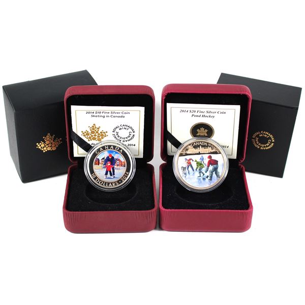 Lot of 2x 2014 Canada Fine Silver Coins Celebrating Winter. Includes $10 Skating in Canada and $20 P