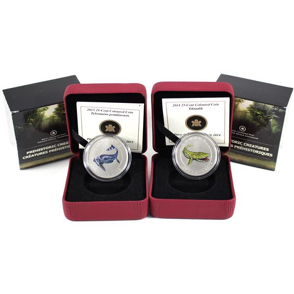 Lot of 2x 2013 & 2014 Canada 25-Cents Cupronickel Coloured Dinosaur Coin. Includes 2013 Tylosaurus P