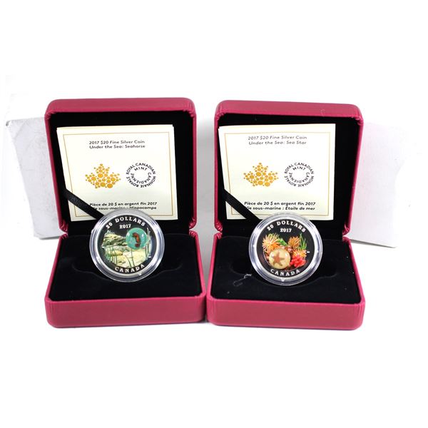 Lot of 2x 2017 Canada $20 Under the Sea Fine Silver Coins with Glass Embellishments. Includes Seahor