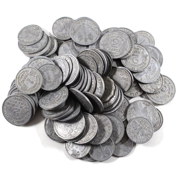 Lot of Mixed World Coinage. Mainly 1940s France. Coins are lightweight and likely made of aluminum. 