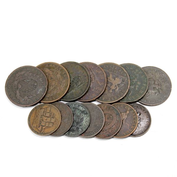 Lot of 14x Mixed Estate Lot of Copper Bank Tokens 1800's. Good mixture. Please view the image for mo