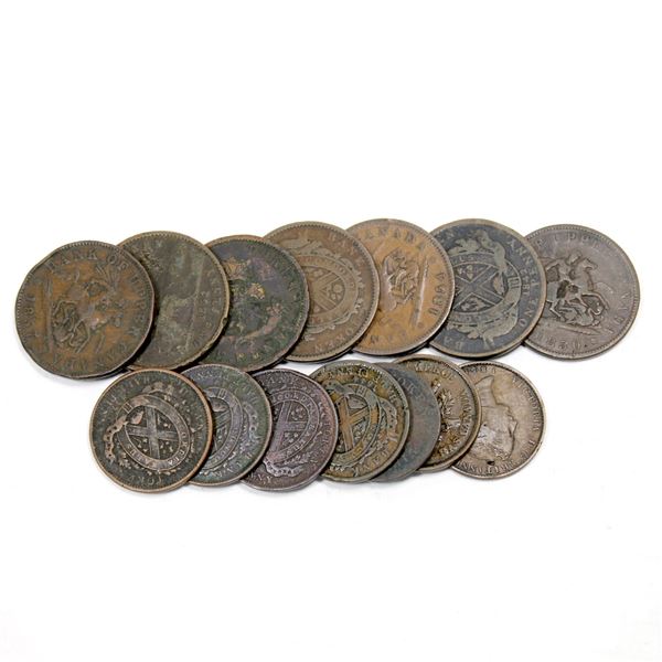 Lot of 14x Mixed Estate Lot of Copper Bank Tokens 1800's. Good mixture. Please view the image for mo