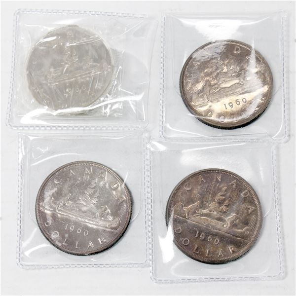 Lot of 4x 1960 Canada Proof-Like Silver Dollars. Coins are toned.