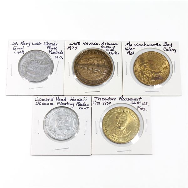 Lot of 5x USA Commemorative Tokens. Includes Oceania Floating Restaurant Hawaii, 1630-1930 Massachus