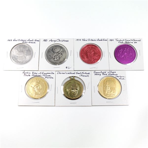 Lot of 7x Commemorative Medallions. Includes 1974 New Orleans Mardi Gras, 1984 Turnbull Social & Car