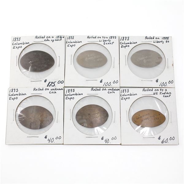 Lot of 6x 1893 Columbian Expo Rolled Commemorative Tokens. Includes tokens rolled from USA Indian Pe