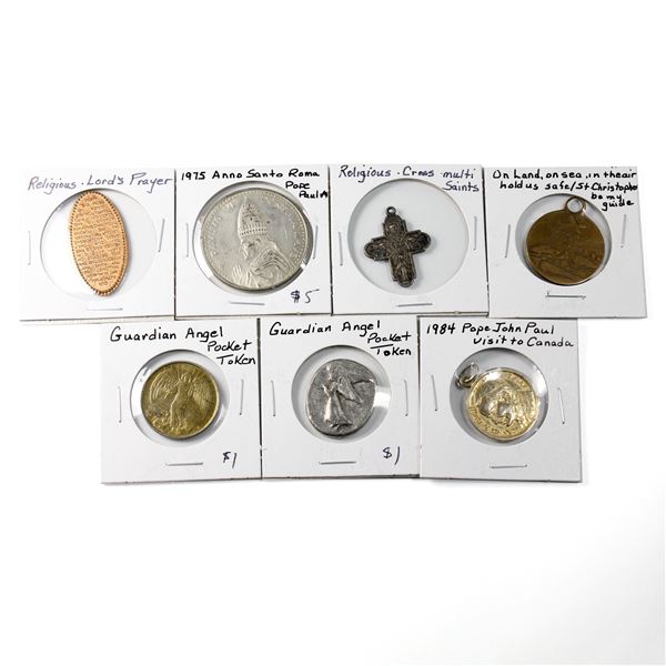 Lot of 7x Religious Christian Tokens. Includes 1984 Pope John Paul Visit to Canada, 1975 Anno Santo 