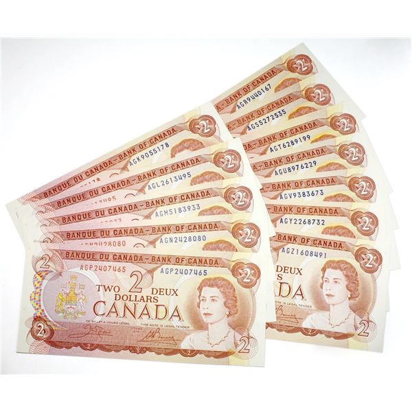Interesting set of 1974 $2 BC-47b Canada Notes, all different prefix letters. Uncirculated. 13pcs