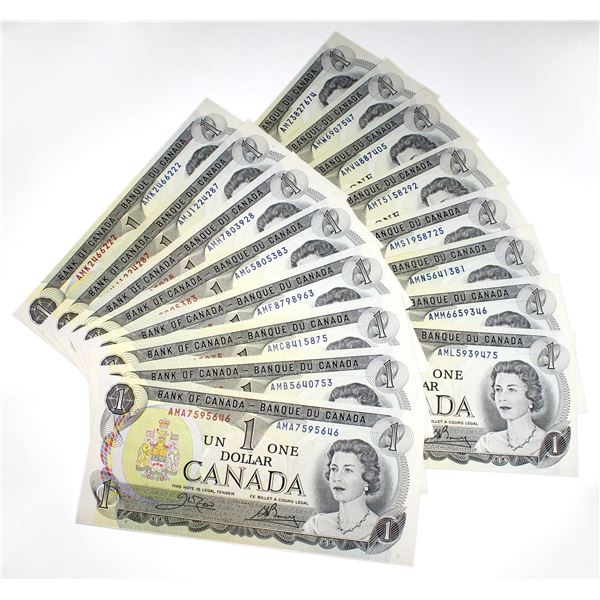 Interesting set of 1973 $1 BC-46b AMA to AMZ prefix Canada Notes, all different prefix letters. Unci