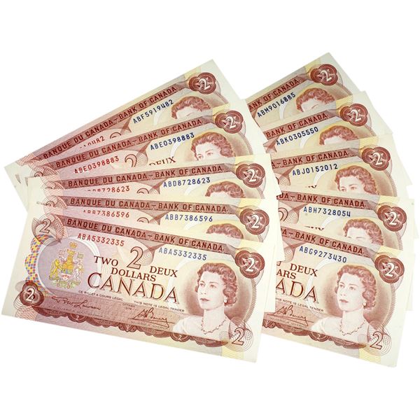 Interesting set of 1974 $2 BC-47a-i Canada Notes, all different prefix letters. Uncirculated. 10pcs