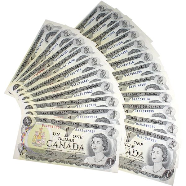 Interesting set of 1973 $1 BC-46b BAA to BAZ prefix Canada Notes, all different prefix letters. Unci