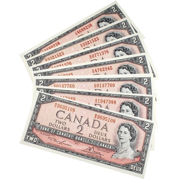 Interesting set of 1954 $2 BC-38d Canada Notes, all different prefix letters. Uncirculated. 7pcs