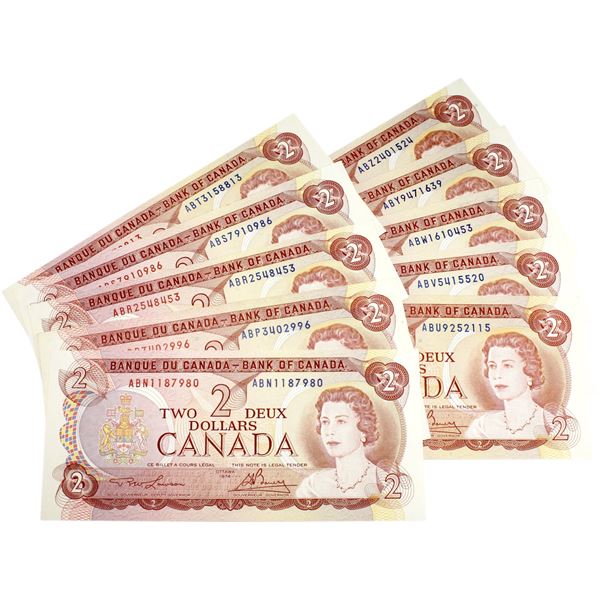 Interesting set of 1974 $2 BC-47a-i Canada Notes, all different prefix letters. Uncirculated. 10pcs