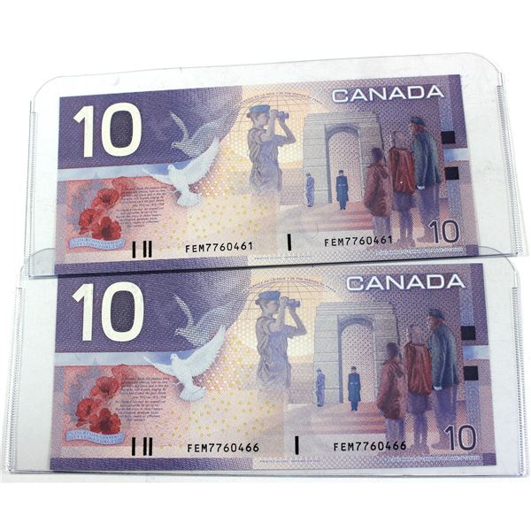 Pair of 2001 Canada $10 BC-63b FEM Knight-Dodge notes in UNC condition. 2pcs