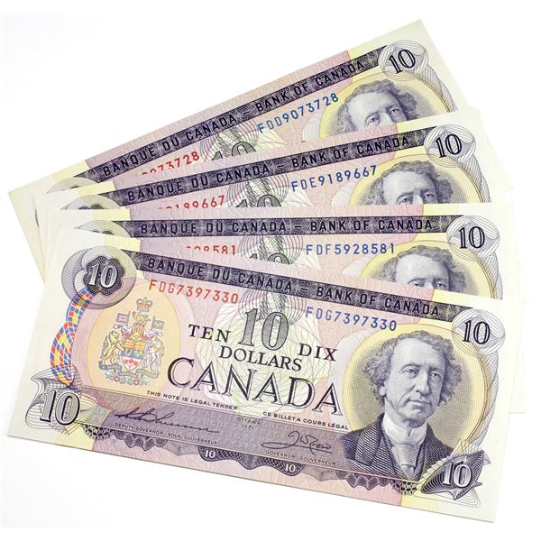 4 x 1971 $10 Thiessen-Crow 3-letter prefix Notes UNC or +