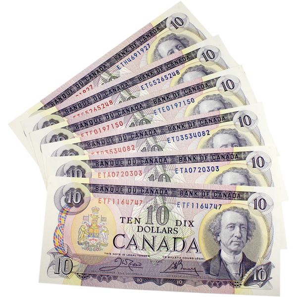 6 x 1971 $10 Crow-Bouey 3-letter prefix. UNC or +. All different prefix.