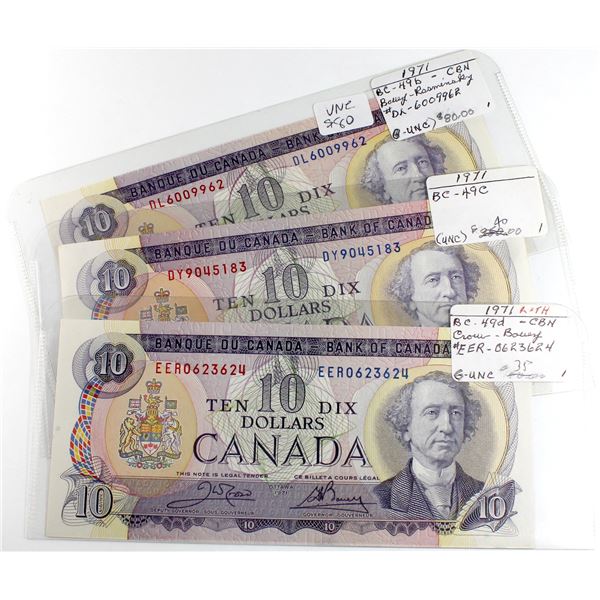 3 x 1971 $10 notes. 3 different signature combinations. UNC or +