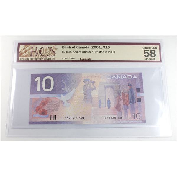 BC-63a 2001 Bank of Canada $10, Knight-Thiessen, Printed in 2000, S/N: FDY0520760, BCS Certified AU-