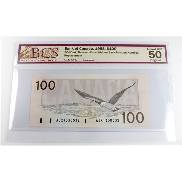 BC-60aA 1988 Bank of Canada $100, Thiessen-Crow, Hidden Back Position Number, Replacement, S/N: AJX1
