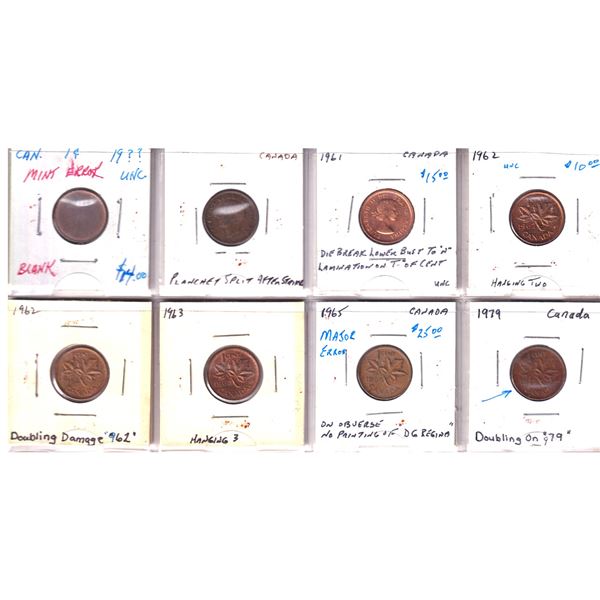 Estate lot of 8x Canada 1-cent Errors and Varieties . Lot includes a 1-cent blank Planchet, hanging 