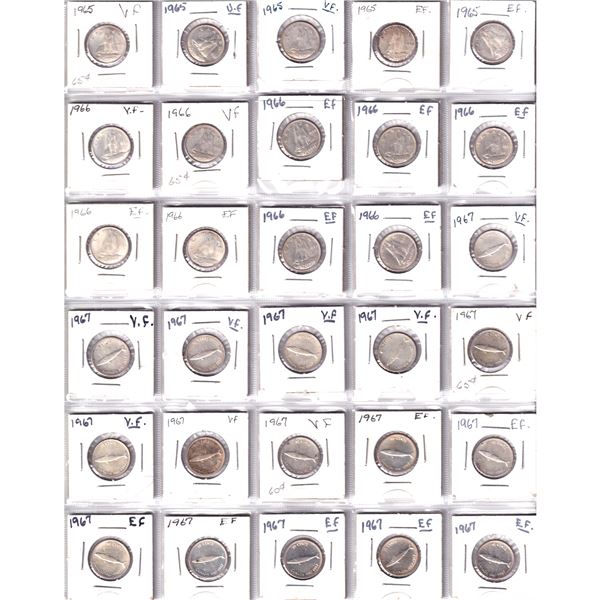 Mixed Page of 30x Canada Silver 10-cent dated between 1965-1967. 30pcs