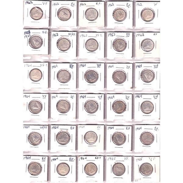 Mixed Page of 30x Canada Silver 10-cent dated 1962-1965. 30pcs