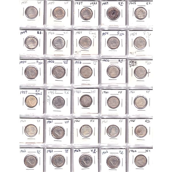 Mixed Page of 30x Canada Silver 10-cent dated between 1937-1962. 30pcs