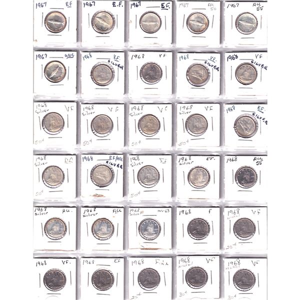 Mixed Page of 30x Canada 10-cent dated between 1967-1968. 21 of 30 pieces are silver. 30pcs