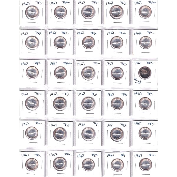 Page of 30x 1967 Canada Silver 10-cents.coins appear to be in BU Condition. 30pcs