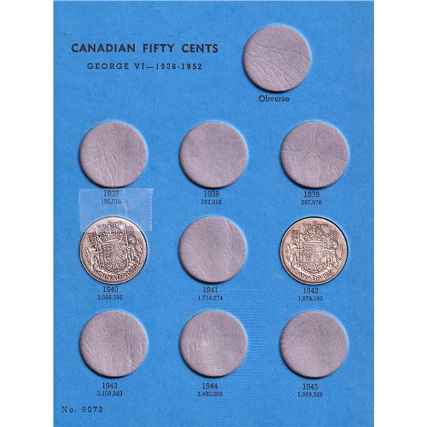 1940-1960 Canada Silver 50-cents in vintage Whitman album. You will receive the following coins: 194