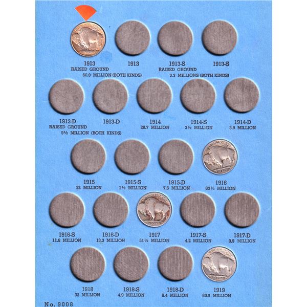 1913-1938 USA Buffalo Nickels in vintage Whitman album. You will receive 26 coins dated between 1913