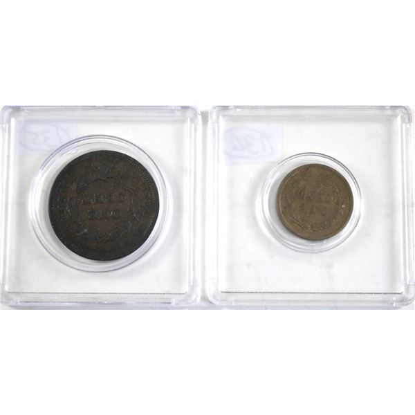 1843 Liberty Head & 1859 Indian Head USA 1-cents.  2pcs
