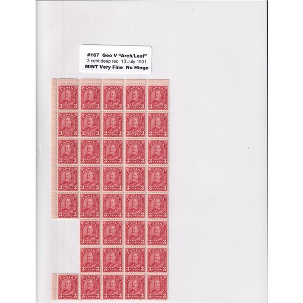#167 1931 George V Arch/Leaf 3-cent deep red Mint No Hinge stamp VF.