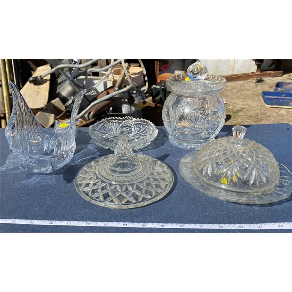 Lot Of Glass Ware Butter Dish + Candy Dish + Etc