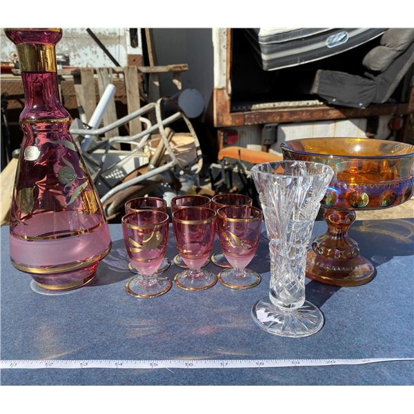 Lot Of Decanter + Carnival Dish +6 Small Cups + Etc