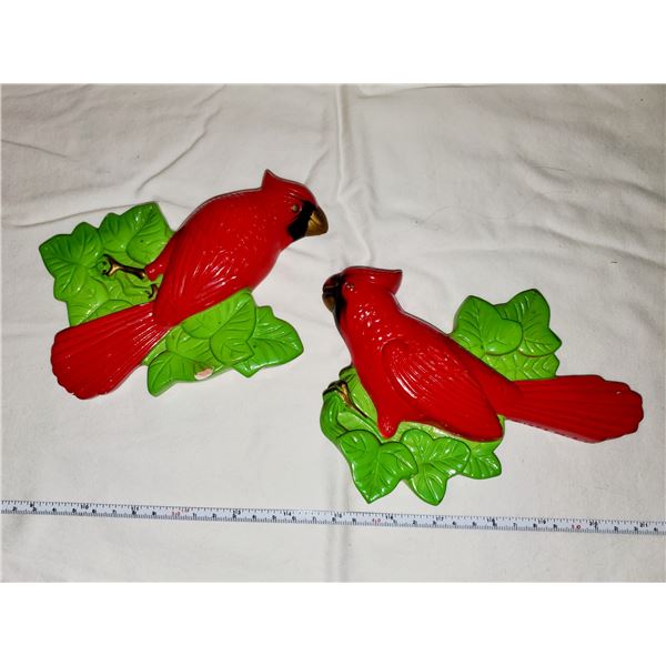 TWO CARDINAL CHALKWARE BIRDS