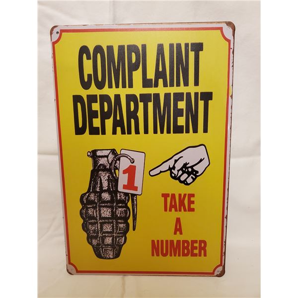 COMPLAINT DEPARTMENT TIN SIGN